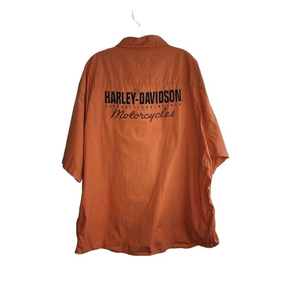 Harley Davidson Photographer Motorcycle Button Up Mechanics Shirt Orange Vtg 2XL - Picture 2 of 8